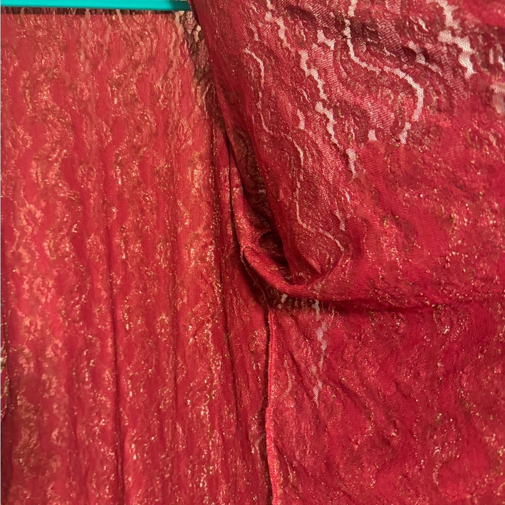 LuLaRoe Shirley Kimono Red Raspberry/Gold Lace Knit Open Front  Sweater Size Lar - Picture 4 of 11